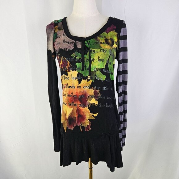 Desigual Damen Black Floral Stripe Tunic Top Sz Medium Asymmetric Hem - Picture 2 of 16